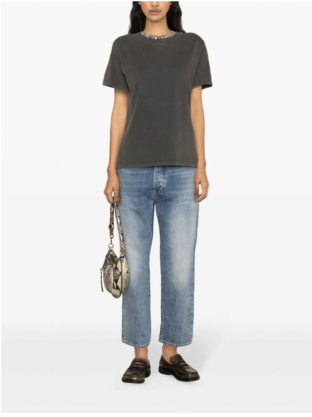 T-shirt da donna color grigio antracite e cristalli - Image 2