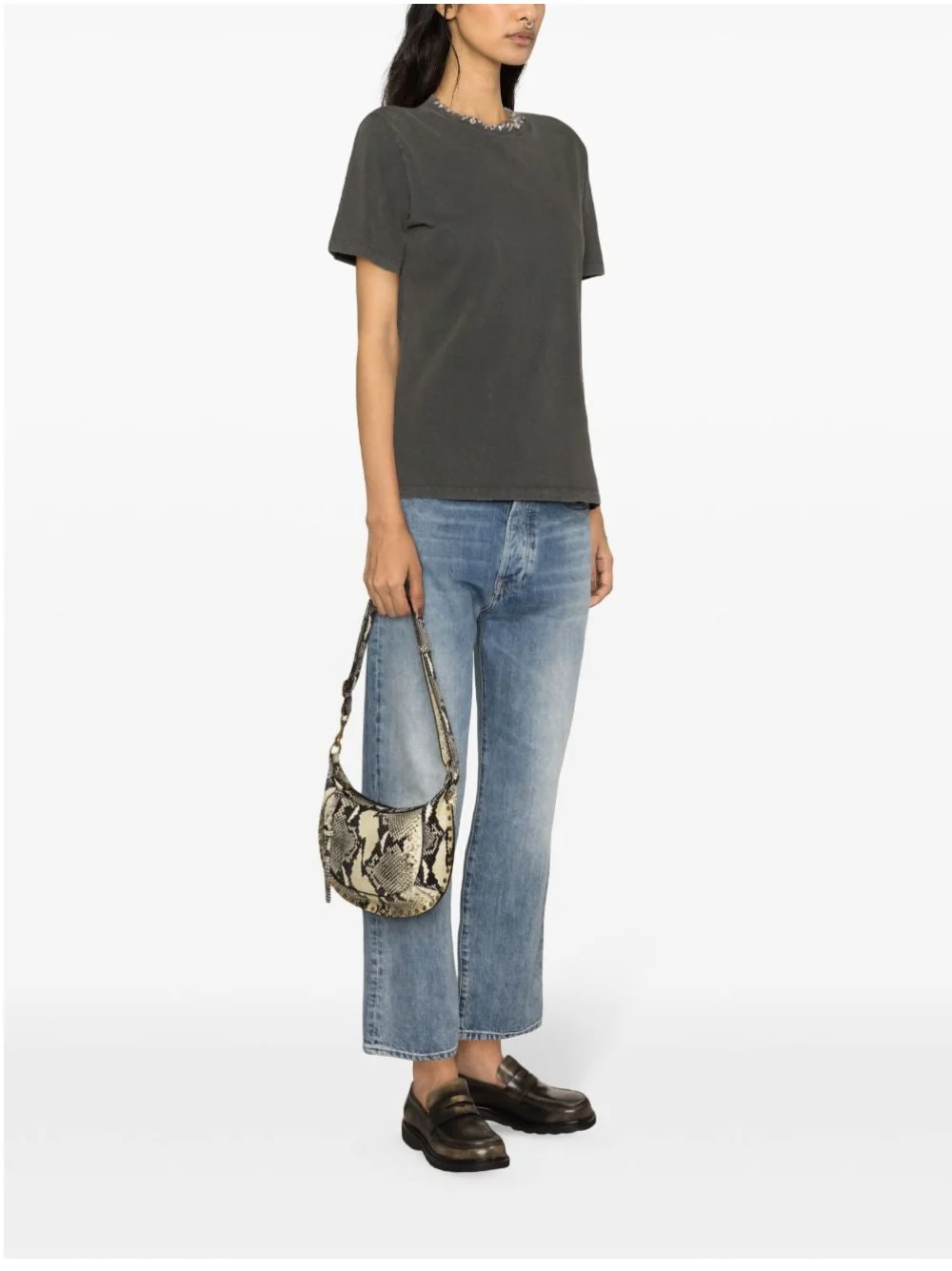 T-shirt da donna color grigio antracite e cristalli - Image 4